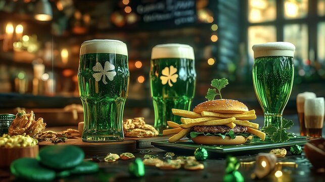Green Liquid with Clover Leaves in Glass Container Illuminated by Sunlight through Window