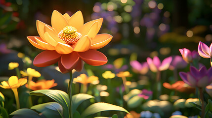 Naklejka premium Orange Lotus Blossom in a Colorful Garden