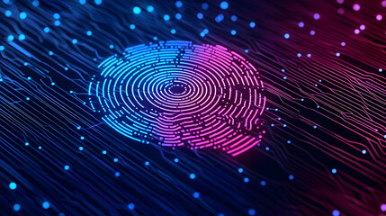 Digital fingerprint with glowing lines and circuit patterns in blue and pink colors for data security