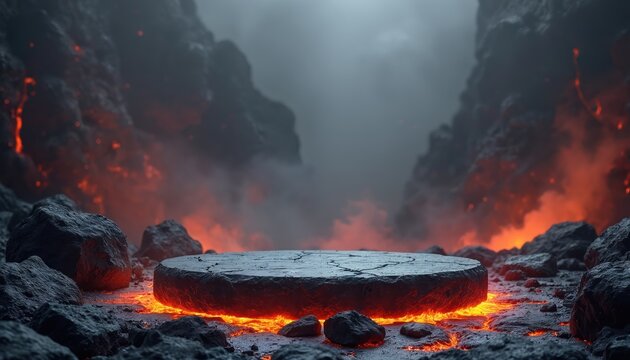 Stone floor with lava podium on hot mountain volcanic rocks. Fire, smoke, glowing magma on abstract stage with geometric isolated ground. Volcano background product display template.