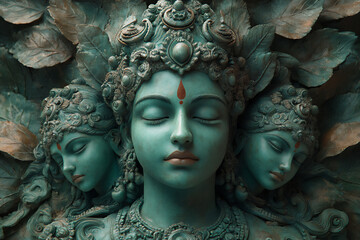 a group of three green-skinned deities with elaborate headdresses,