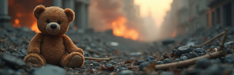 Kids teddy bear toy sits against catastrophic aftermath. City ravaged by war. Smoke, destruction contrast innocence, devastation, tragedy. Disaster ruins, debris. Childhood, resilience, coping,