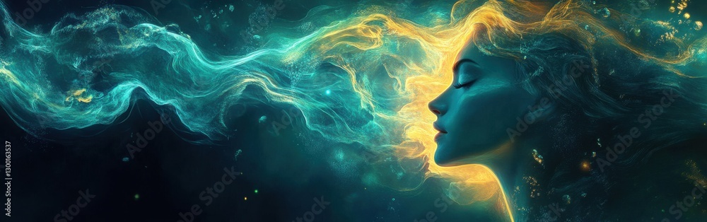 Poster surreal representation of a glowing woman surrounded by ethereal light in a dreamlike setting