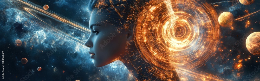 Aufkleber surreal representation of a glowing woman in a cosmic setting with vibrant lights and celestial elem