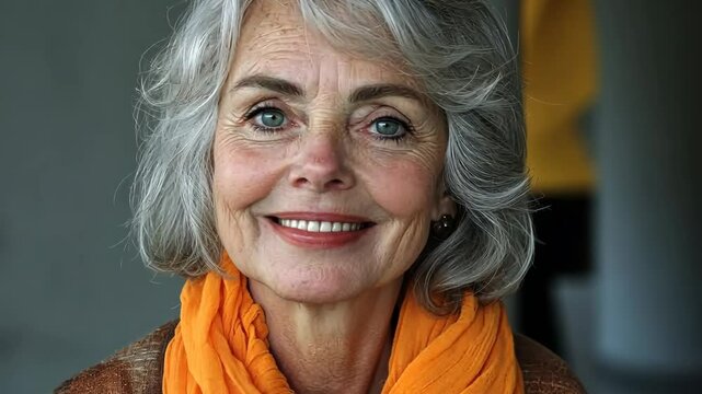 Woman with a short gray hair and a bright orange scarf. She is smiling and looking at the camera