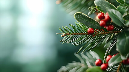 Festive Christmas Arrangement Of Holly Berries And Evergreen Branches With Green And Red Colors