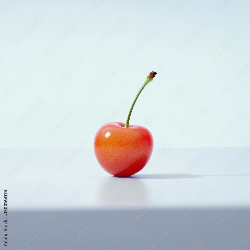 Poster single ripe cherry with glossy red surface placed on a clean white background, showcasing its vibran