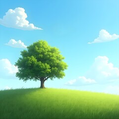 Obraz premium Lone tree on the left side of a vast green grass field under a bright blue sky with white clouds