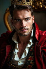 Obraz premium Intense Regal King in Red Cloak and Gold Crown – Historical Fantasy