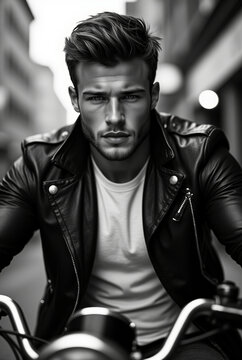 Brooding Man in Leather Jacket on City Streets &ndash; Black and White