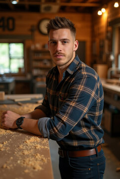 Handsome Carpenter in Rustic Workshop