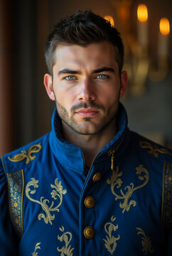 Regal Man in Embroidered Royal Blue Jacket &ndash; Historical Fantasy