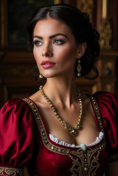 Elegant Noblewoman in Red and Gold Gown &ndash; Historical Romance