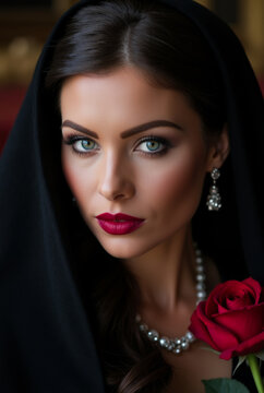 Mysterious Woman in Black Veil Holding a Red Rose &ndash; Gothic Elegance