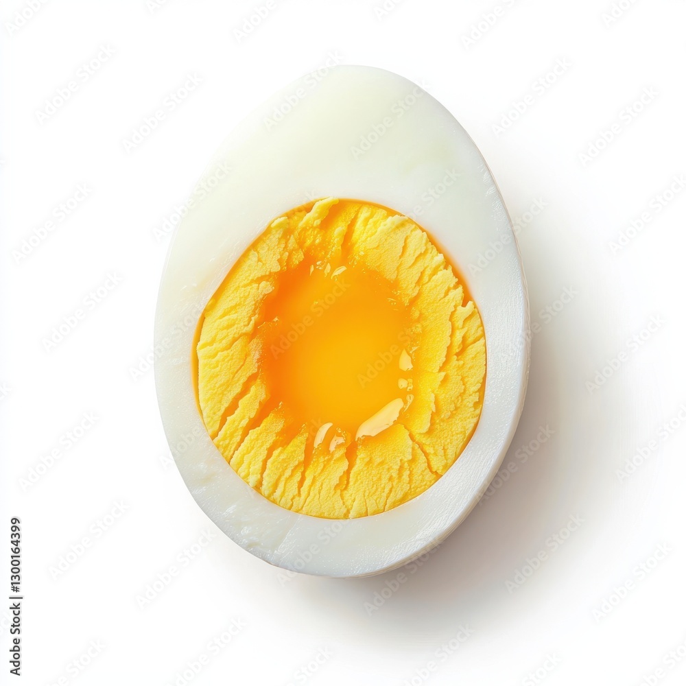 Poster Boiled egg sliced in half showing vibrant yellow yolk and smooth white texture on a clean background