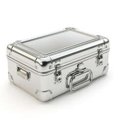 Shiny silver metal suitcase with a glass top, exuding a modern and sleek design.