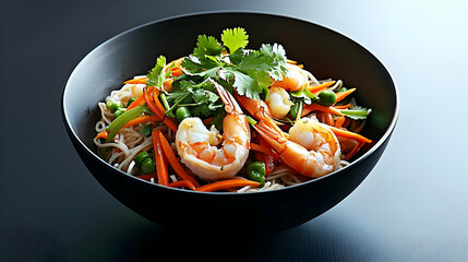 Shrimp Noodles Dish In A Black Bowl On Black Background Top View With Green Vegetable And Orange Carrot Pieces