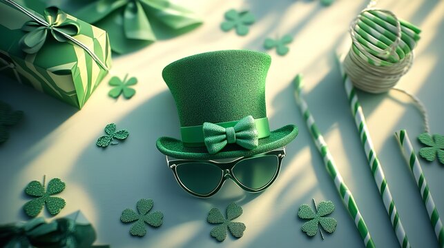 Festive St. Patrick's Day Scene with Green Top Hat, Gold Coins, Shamrocks, and Rustic Decor