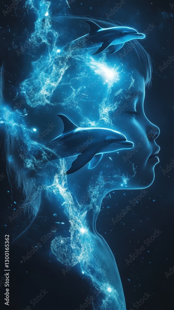 Poster visualization of a child's dream world with dolphins and cosmic elements intertwining