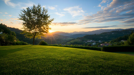 Obraz premium Golden Sunset Over Lush Green Field with Single Tree and Rolling Hills