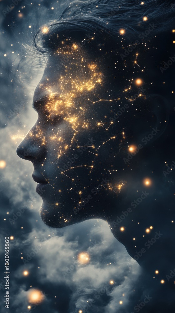 Poster mystical profile filled with stars and cosmic energy, illuminating a unique connection to the univer