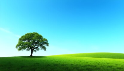 Fototapeta premium A lone tree with sprawling branches standing in a vast green meadow under the open sky
