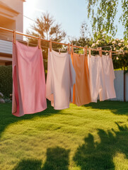 A vibrant series showcasing freshly washed clothes drying on a clothesline under the sun. A nostalgic, eco-friendly scene full of warmth, summer vibes, and rustic backyard charm.