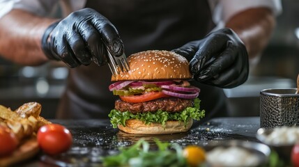 Gourmet Burger Preparation: A Chef's Culinary Masterpiece