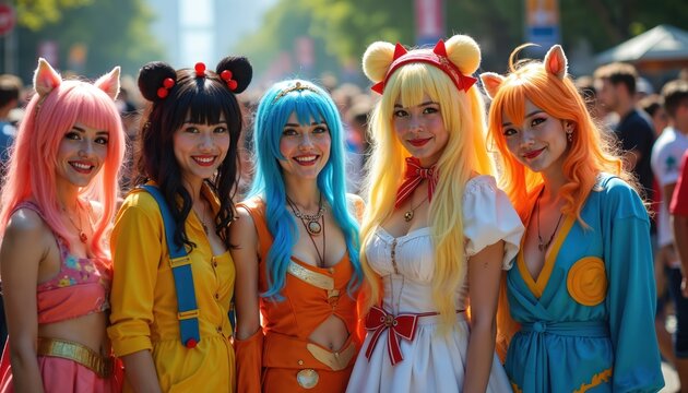 Group of smiling women wearing colorful anime cosplay costumes with ears at outdoor festival. Girls dressed as manga characters, joyful community event, creative expression, vibrant entertainment,