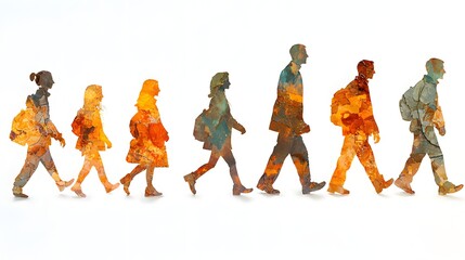 Obraz premium Diverse Group of Silhouetted Figures Walking Together on a Journey