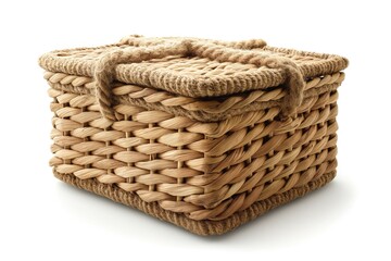 Obraz premium A woven natural fiber storage basket with a lid, perfect for organizing and adding a rustic touch to any space.