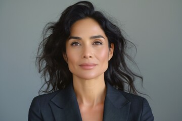 Fototapeta premium Confident woman with long, wavy hair in a tailored black blazer, exuding professionalism and poise against a neutral backdrop.