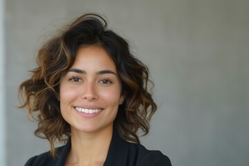 Smiling young woman with curly hair and warm skin tone in a professional setting.