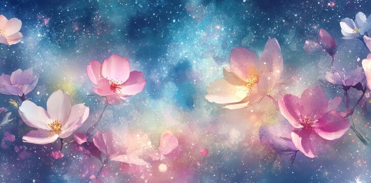 Beautiful watercolor flowers are set against a starry sky background