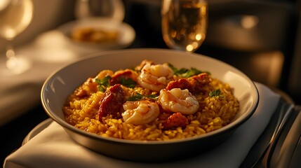 A beautifully plated seafood paella served in a luxurious first-class airline seat, intricate textures of saffron rice, seared chorizo, and fresh seafood glistening under warm ambient cabin lighting,