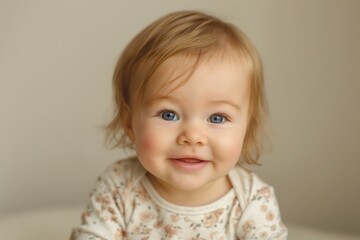 Naklejka premium Adorable smiling baby girl with light brown hair and blue eyes, radiating joy and innocence.