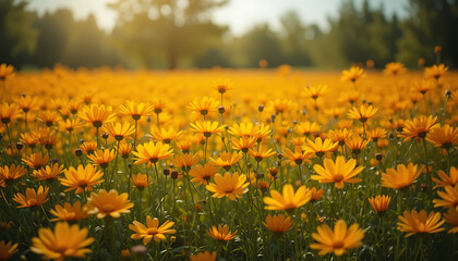 Obraz premium Golden Yellow Daisies Blooming in a Sunlit Meadow during Warm Spring Afternoon