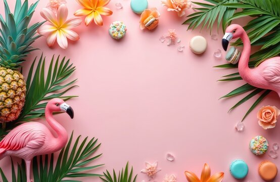 Summer tropical border design featuring flamingo, macarons, pineapple, flowers, palm leaves on pink background. Fun unique theme for summer birthday party, celebration. Decorative banner, poster card