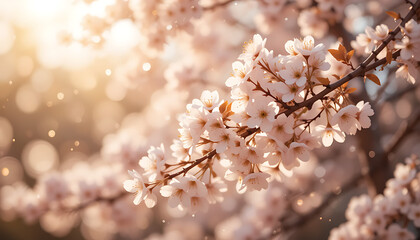 Fototapeta premium Blossoming Cherry Tree Branches Illuminated by Warm Spring Sunlight