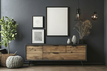 Modern Mid-Century Console: Rustic Wood, Dark Walls, and Elegant Lighting