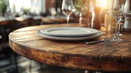 Rustic Wooden Table Setting With White Plates And Wine Glasses