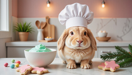 Fluffy light brown Easter bunny wearing chef&rsquo;s hat with sugar cookies and icing, delightful holiday setting