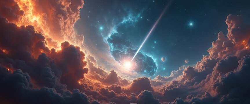 Stellar nursery filled with massive protostars and vibrant nebulae in a cosmic landscape