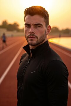 Focused Male Athlete on Running Track at Sunset