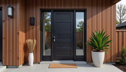 Contemporary house entrance featuring a sleek black smart door and modern design elements