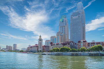 The urban architectural skyline, modern bridges, and Haihe River scenery of Tianjin, China on...