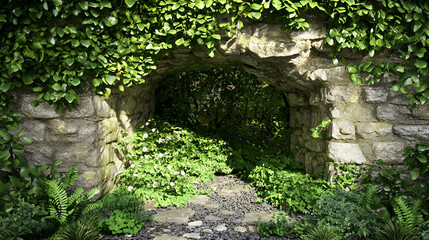 Naklejka premium Overgrown Stone Archway with Lush Green Ivy and Plants