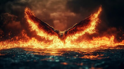 Phoenix Rising, Fiery Wings Above the Ocean's Surface