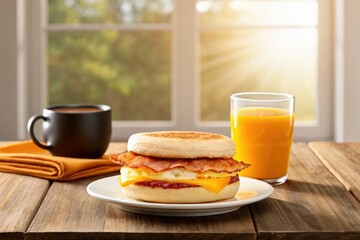 Egg McMuffin Breakfast with a cup of coffee and orange juice in the background