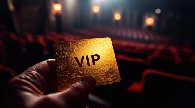 Hand Holding Illuminated VIP Ticket in Dark Theater